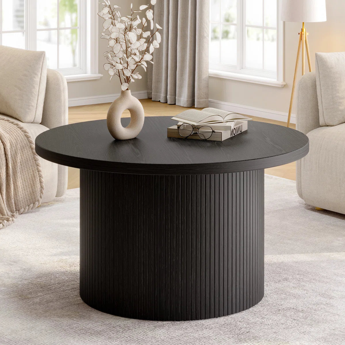 Round Coffee Table With Woodgrain Top And Tambour Shade Accents For Living Room