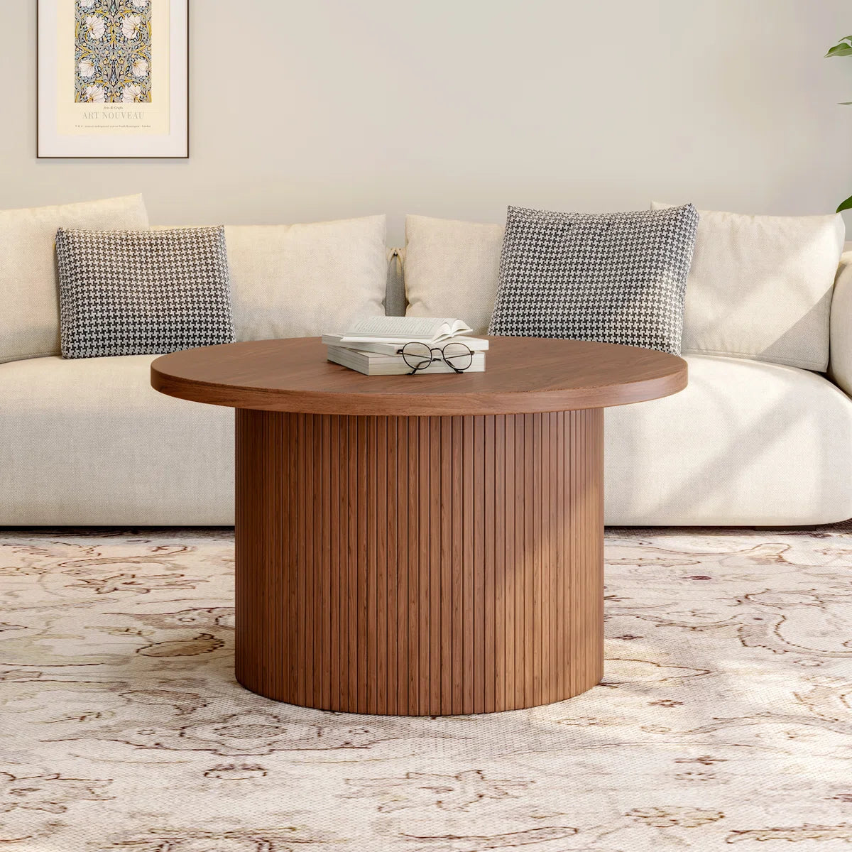 Round Coffee Table With Woodgrain Top And Tambour Shade Accents For Living Room