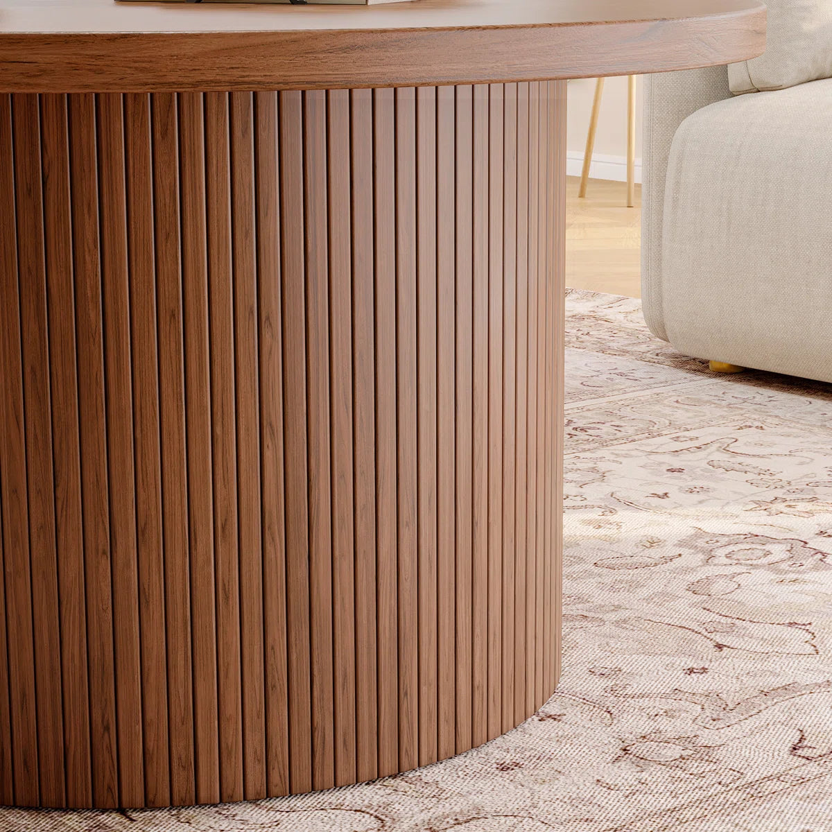 Round Coffee Table With Woodgrain Top And Tambour Shade Accents For Living Room