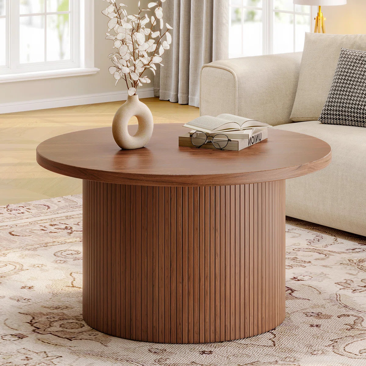 Round Coffee Table With Woodgrain Top And Tambour Shade Accents For Living Room