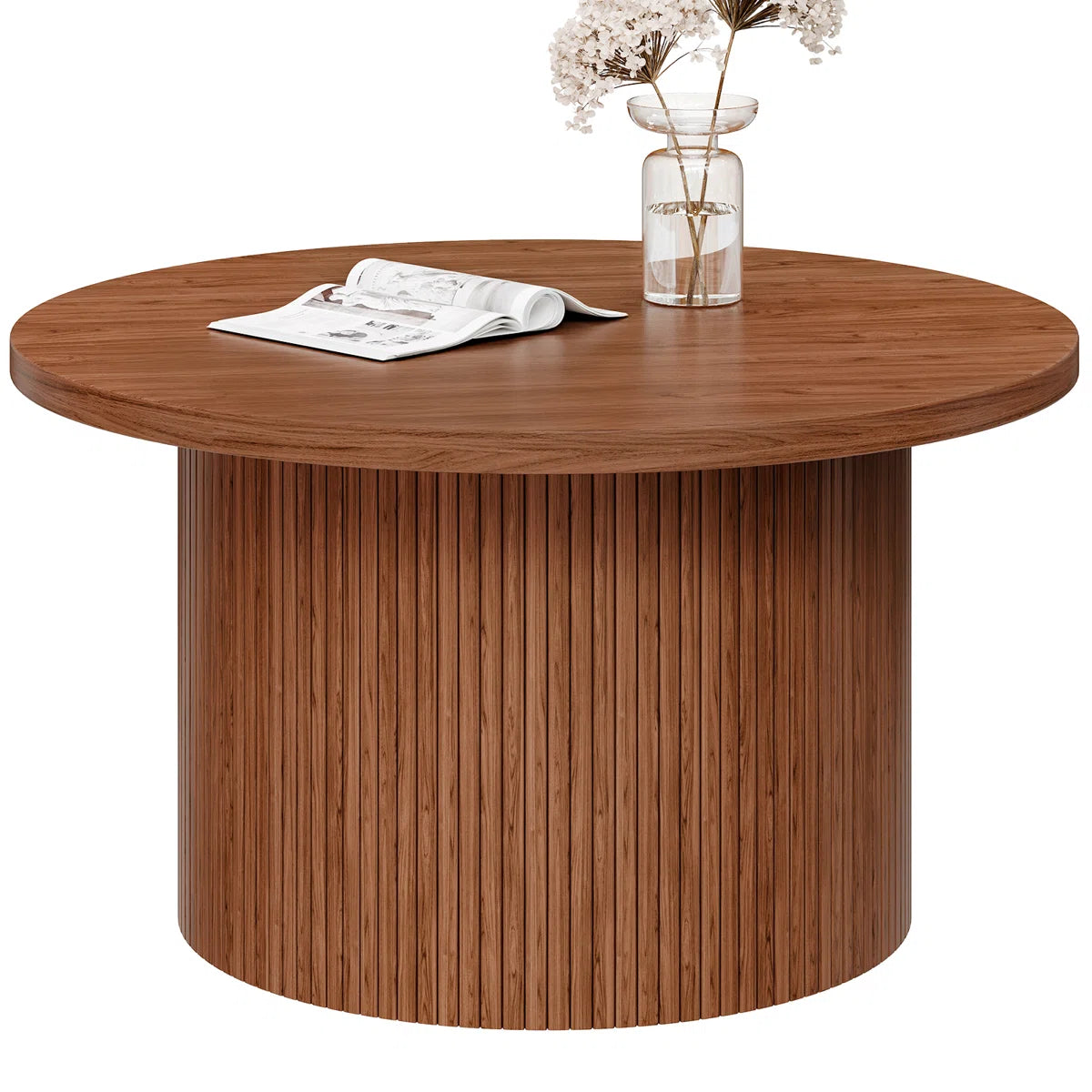 Round Coffee Table With Woodgrain Top And Tambour Shade Accents For Living Room